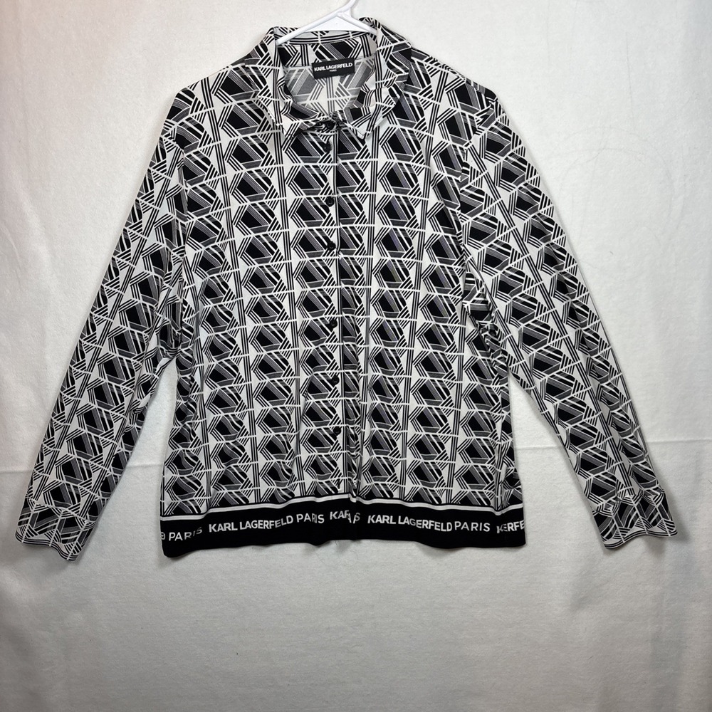 Karl Lagerfeld Paris Geometric Print Button Up Shirt Women's Black White